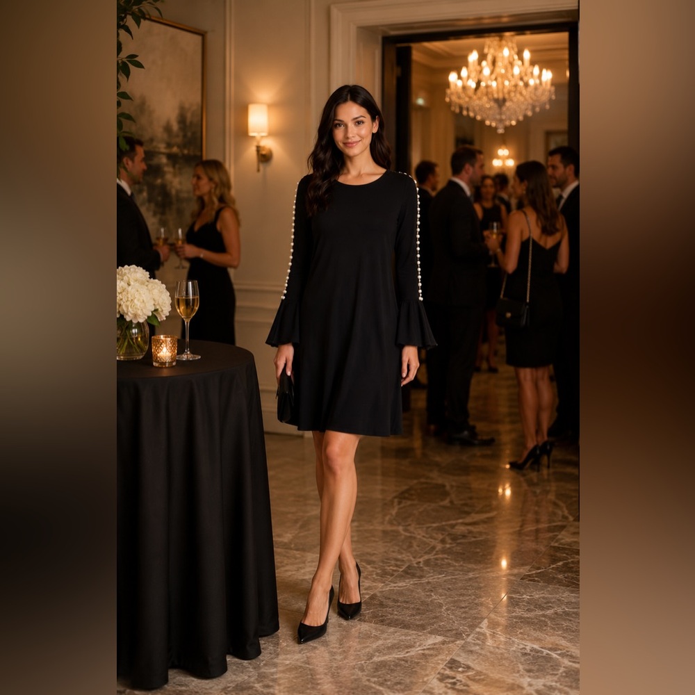 PerSeption Concept Black Long Sleeve Shift Dress with Pearl-Trim Sleeves